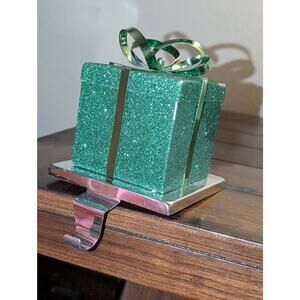 Green Glitter Christmas Present Stocking Holder Holiday Mantel Decor 6"